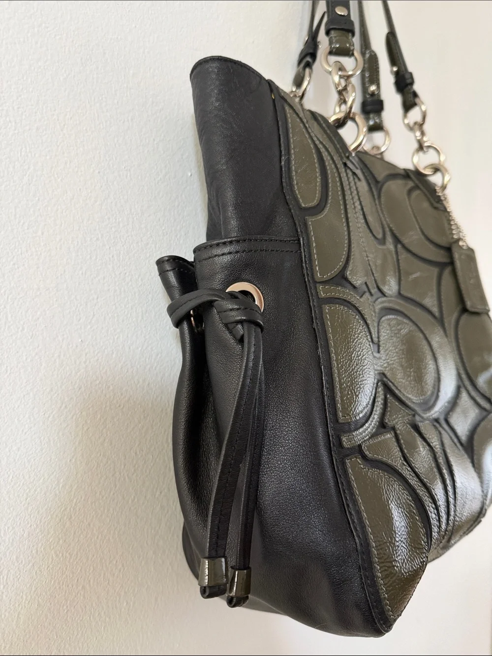 Coach Olive and Black Signature Tote with Chain Accent